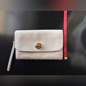 Coach signature wristlet wallet, gold turnlock, ivory, white